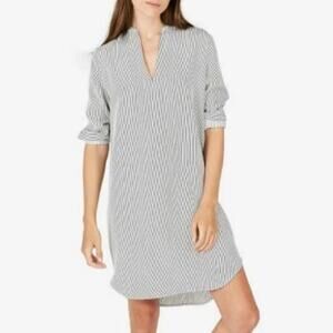 Everlane Split Neck Silk Shirt Dress Long Sleeve Striped Black/White Size 2